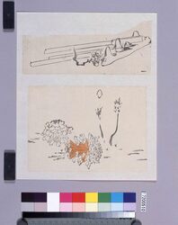 着色墨版貼交　玩具と梅花、松笠 / Colored Black Print Cutout Pictures: Toys and Japanese Plum Flowers, Matsukasa (Shibata Zeshin's  Block Print, Black Print, Other Prints) image