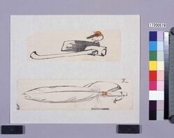 着色墨版　鍬に小鳥、羽箒 / Colored Black Print: A Bird on a Hoe, a Feather Duster (Shibata Zeshin's  Block Print, Black Print, Other Prints) image