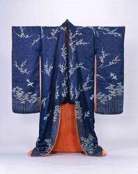紺綸子地松竹梅鶴模様振袖 / Rinzu Fabric, Navy Blue Long-sleeved Kimono designed with Pine, Bamboo and Plum image