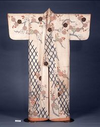 白綸子地矢来梅立木模様小袖 / White Rinzu Fabric, Short-sleeved Kimono designed with Fence and Ume Tree image