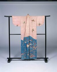 染分麻地水辺風景鶴模様帷子 / Somewake Linen, Morning Kimono designed with Water Front Landscape of Crane image