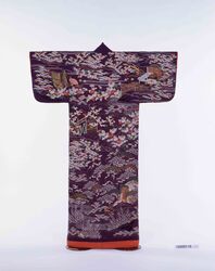 紫縮緬地御所解模様小袖 / Purple Crepe, Short-sleeved Kimono with Goshodoki Pattern image