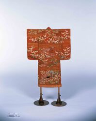 紅縮緬地御所解模様一つ身 / Red Crepe Hitotsumi Infants’ Kimono with Goshodoki Motif image