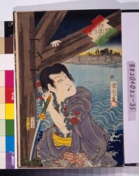江戸の花(役者絵帖) ー 見立白浪八景 永代橋の夕照 鬼あさみ清七 / The Flowers of Edo (A Collection of Actors' Portraits) : No. 35, Eight Parodies of Thieves, the Glow of Sunset at Eitaibashi Bridge, Oniazami Seishichi image