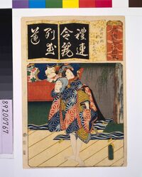 清書七仮名 連理の柵お半長右衛門 / Seven Variations of the 'Iroha' Alphabet: 'Re' as in 'Renri no Shigarami'. Roles: Ohan and Choemon image