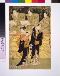 出語り　三代目沢村宗十郎の治兵衛と四代目岩井半四郎の小春 / Degatari' (Musicians) with The Actors SAWAMURA Sojuro Ⅲ as Jihei and IWAI Hanshiro Ⅳ as Koharu image