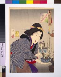 風俗三十二相 かいたさう 嘉永年間おかみさんの風俗 / Thirty-Two Daily Scenes: 'Looks Interested in Buying', Mannerisms of a Housewife from the Kaei Period image