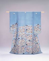 水浅葱絹縮地浜松に桜燕模様染縫振袖 / Aqua Green Silk Crepe Furisode Kimono with Beach and Windswept Pine, Cherry Blossom, and Swallow Motifs (Aqua Green Silk Gauze Furisode Kimono with Cherry Blossoms and Swallows on Palace Style Landscape Pattern) image