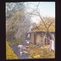 山中の家と川辺で水を汲む女性 / House in the Mountains and Woman Drawing Water from a Stream image