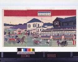 鉄道馬車往復日本橋之真図 / True View of Nihombashi, Railways and Carriages image