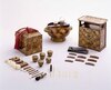 白はつし/Shiro Hatsushi: Lacquer Beauty Kit with Hollyhock, Chrysanthemum, and Paulownia Arabesque Motifs in Gold Makie on Cloudlike Clusters of Pearskin Ground (Muranashiji) image