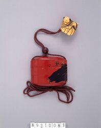 萩猪蒔絵印籠 付 唐子象牙根付 / Inro (Small Nested Caddy) with Bush Clover and Wild Boar; Ivory Netsuke Toggle in Form of a Chinese Boy image