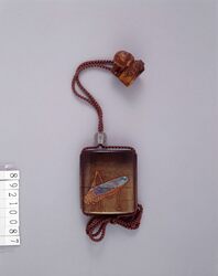 昆虫蒔絵螺鈿印籠 付 足軽木彫根付 / Inro (Small Nested Caddy) with Insect in Makie and Inlaid Mother of Pearl; Netsuke Toggle Foot Soldier Carved of Wood image