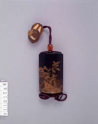 竹柳に庵蒔絵印籠 付 くるみに蝸牛根付 / Inro (Small Nested Caddy) with Bamboo, Willow, and Hermitage Design in Makie; Netsuke Toggle in the Form of a Walnut and Snail (by Zen’ichi) image