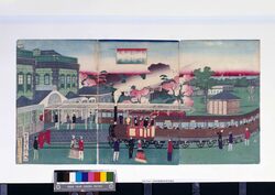東京新橋蒸気車往復図 / Tokyo Shimbashi Jōkisha Ōfuku no Zu (Illustration of the Steam Locomotive Making a Round Trip Between Tokyo and Shimbashi) image