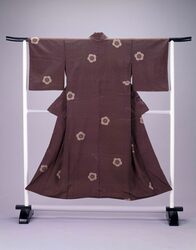 着物(袷) 小豆絹地細縞に梅模様 / Kimono (Lined), Plum Design with Fine Stripes on Reddish-brown Silk image
