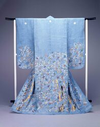 水浅葱紋絽地嵐に竹模様御所解振袖 / Aqua Green Figured Silk Gauze Furisode Kimono with Diagonal Stripes, Bamboo and Palace Style Landscape Pattern (Aqua Green Figured Silk Gauze Furisode Kimono with Diagonal Stripes and Bamboo Pattern) image