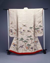 白地鶴亀に松竹梅模様染縫打掛 / White Uchikake Over-Kimono with Crane and Turtle and Pine, Bamboo, and Plum Motifs image