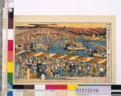 新板 浮絵両国橋夕涼之図 / Perspective print of Ryogoku Bridge in the Cool of the Evening image