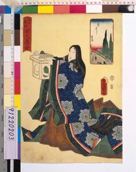 江戸名所百人美女 京ばし / One Hundred Beautiful Women at Famous Places in Edo : Kyobashi Bridge image