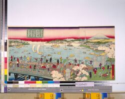 新規造掛永代橋往来繁華佃海沖遠望之図 / Busy Foot Traffic on the Newly Built Eitaibashi Bridge and the Distant View of the Sea Off Tsukuda image