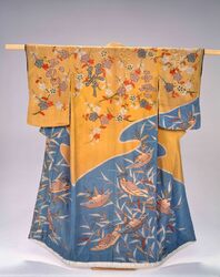 染分縮緬地文字梅船模様絞染縫小袖 / Silk Crepe Kosode Kimono with Glyph, Plum Blossom, and Boat Motifs on Divided Background image