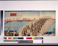義士両国橋退去図 / The Loyal Retainers Crossing Ryogoku Bridge, from Chushingura image