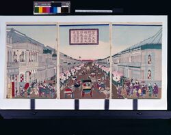 第一大区従京橋新橋迄煉瓦石造商家蕃昌貴賤藪沢盛景 / Prosperity of Merchants at the Brick Street from Kyōbashi to Shimbashi image