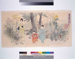 美人名所合 墨田河百花園七草 / Famous Views and Beautiful Women: The Seven Herbs of Spring at the Hyakkaen Garden by the Sumida River image