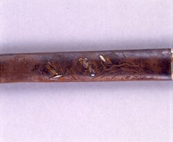 小桜文染革煙管筒並びに煙管 / Dyed Leather Pipe Case with Small Cherry Blossom Pattern and Pipe image