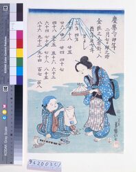 元治元年 有卦絵(雪山を袋に受ける福助) / Uke-e (Fukusuke Receiving a Snowcapped Mountain with a Bag), 1864 image