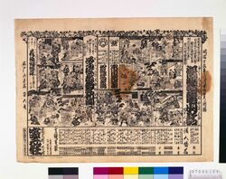 盛元座辻番付「復讐亀山話」「学校教□社新聞」 / Morimotoza Theater Playbill: “Fukushū Kameyama Banashi” and “Oshiegusa Hana no Iroiro” image